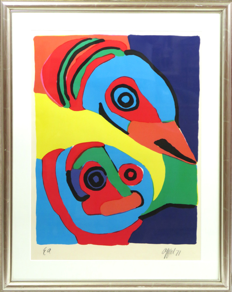 Appel, Karel, färgserigrafi, "Personnage et oiseau", signerad, daterad 1971 och numrerad EA, synlig pappersstorlek 75 x 54 cm _28959a_8db6b35c5677635_lg.jpeg