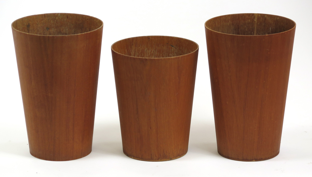 Papperskorgar, 3 st, teak, Servex, 1960-tal, höjd 33-40 cm, smärre nagg