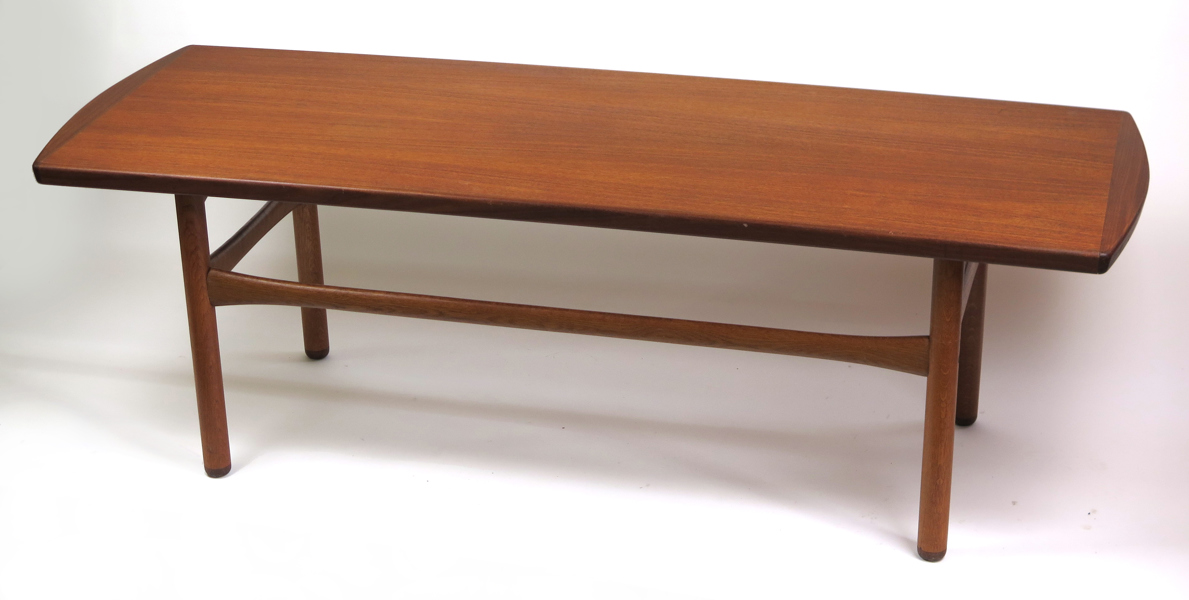 Okänd designer för Westbergs Tranås, soffbord, teak och ek, 1950-60-tal, del av etikett, l 170 cm