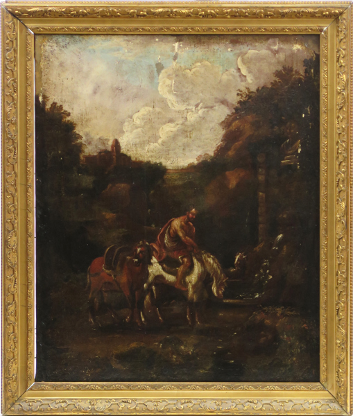Roos, Johann Pieter (Rosa da Tivoli), hans krets, sekelskiftet 1700, olja, klassicerande landskap med ryttare och getter vid brunn, 65 x 52 cm, a tergo fransk etikett,  _29032a_8db6da74240ce0c_lg.jpeg