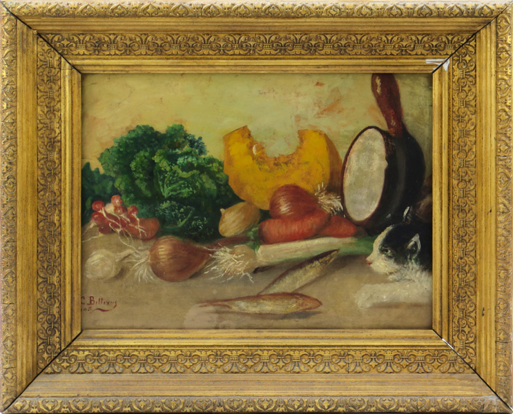 Okänd fransk konstnär, sekelskiftet 1900, olja, stilleben med grönsaker och katt, otydligt signerad Bellevue(?) och daterad 1905, 25 x 32 cm, a tergo fransk etikett_29033a_8db6da6f27014aa_lg.jpeg