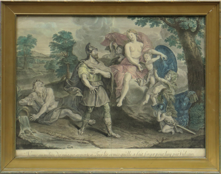 Boilly, Jean Baptiste de efter Coypel, Antoine, kopparstick, handkolorerat, 1700-tal, "Venus au milieu des nüages apporte a Enée les armes...", synlig pappersstorlek 41 x 54 cm, 