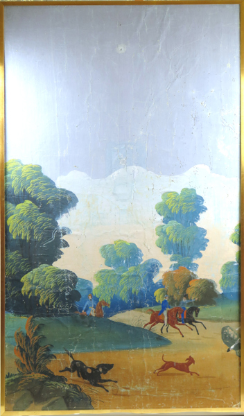 Tapet, 1800-talets början, dekor av ryttare och hundar i landskap, synlig pappersstorlek 193 x 110 cm, skador_29073a_8db6e797ad5d758_lg.jpeg