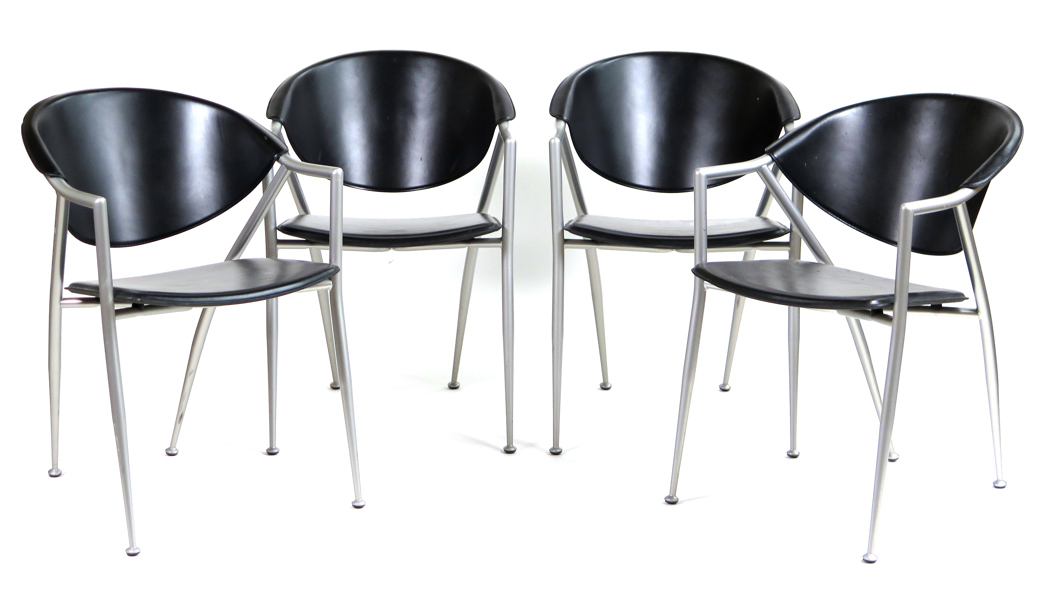 Okänd designer för Calligaris, armstolar, 4 st, stål med svart läderklädsel, etikettmärkta Made in Italy