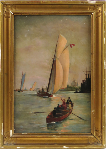Okänd dansk konstnär, sekelskiftet 1900, olja, fartyg i Köpenhamns hamn, uppklistrad på pannå, 48 x 32 cm _29149a_lg.jpeg