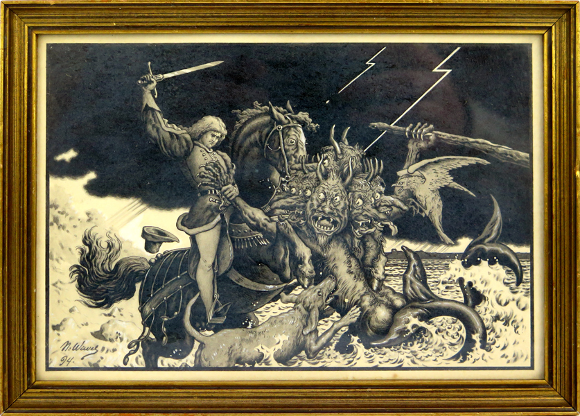 Wivel, Niels, tuschteckning med täckvitt, riddare kämpar mot havsodjur, signerad och daterad 1894, synlig pappersstorlek 15 x 21 cm_29165a_lg.jpeg