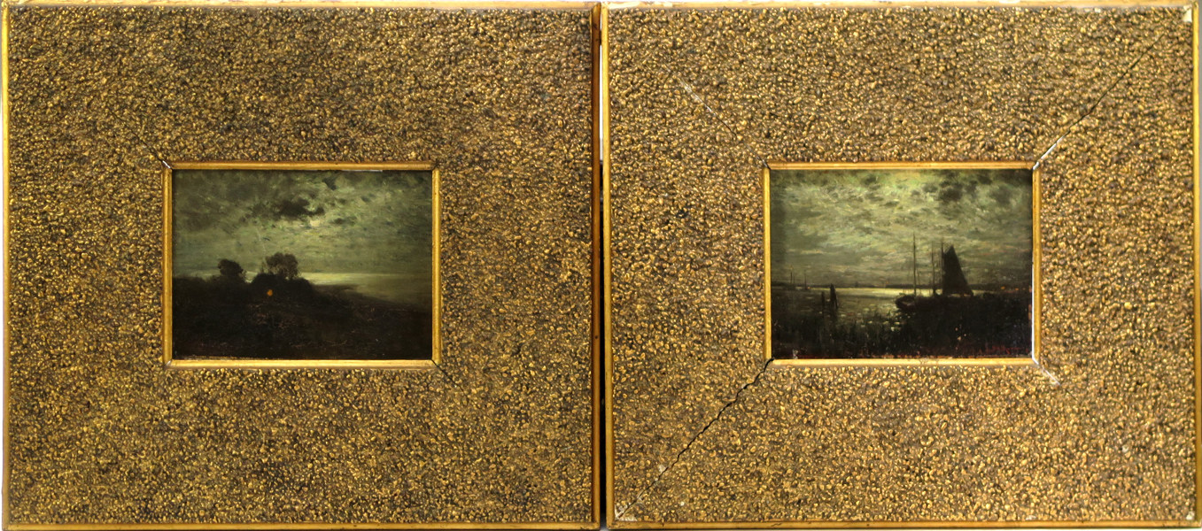 Okänd engelsk (?) konstnär, 1800-talets 2 hälft, oljemålningar, 1 par, skymningslandskap, otydligt signerade, 10 x 14 cm_29170a_lg.jpeg