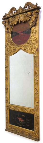Okänd dansk designer, spegel, skuret och förgyllt trä, så kallad Skønvirke, 1900-talets början, dekor av stiliserade rankor mm, infattade, japanska lackpaneler, h 177 cm, smärre defekter_29265a_lg.jpeg