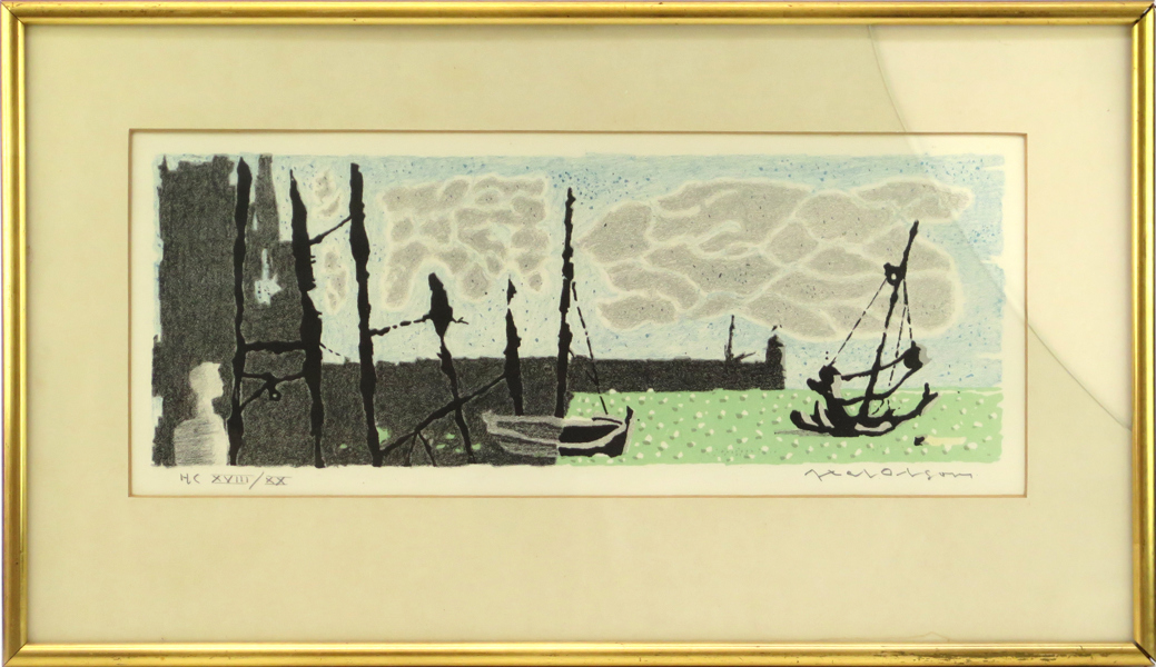Olson, Axel, färglitografi, Grötviks hamn, signerad och numrerad HC XVIII/XX, synlig pappersstorlek 17 x 41 cm, glas med skada_29319a_lg.jpeg