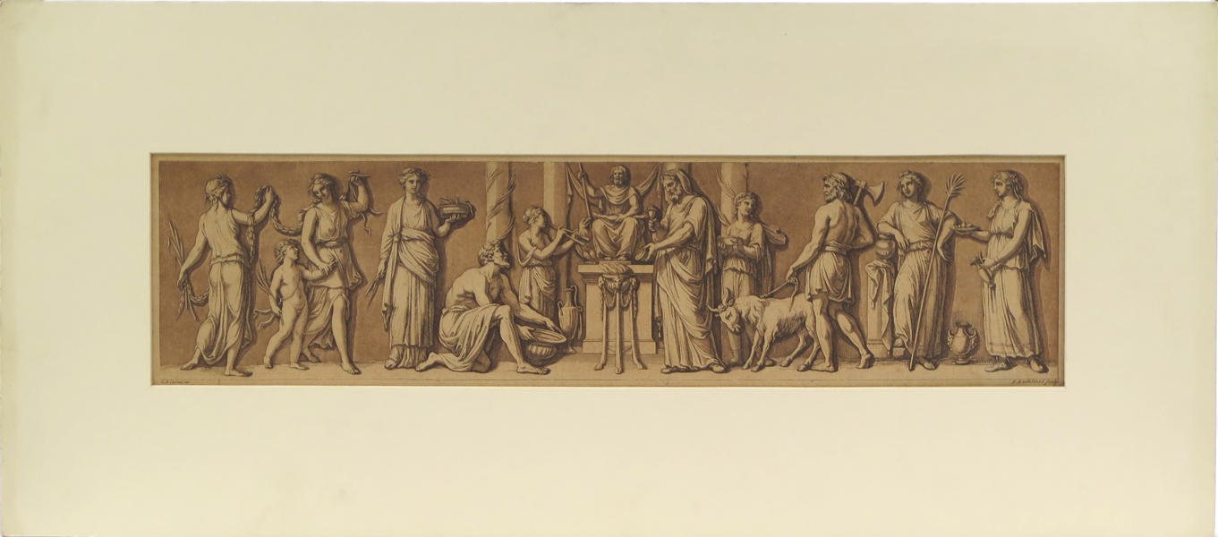 Bortolozzi, Francesco efter Cipriani, Giovanni Battista, akvatint och linjeetsning, "A sacrifice to Jupiter" 1777,synlig pappersstorlek  16 x 51 cm