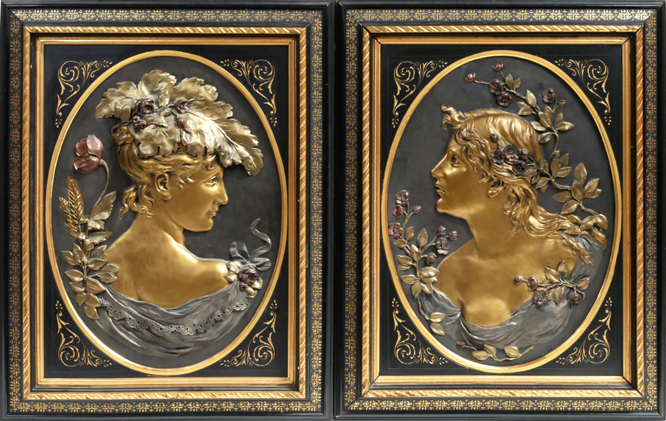 Okänd konstnär, antagligen Frankrike, Belle-Époque, reliefer, 1 par, patinerad brons, kvinnor, synlig storlek 58 x 42 cm_29370a_8db71916ed9af4c_lg.jpeg