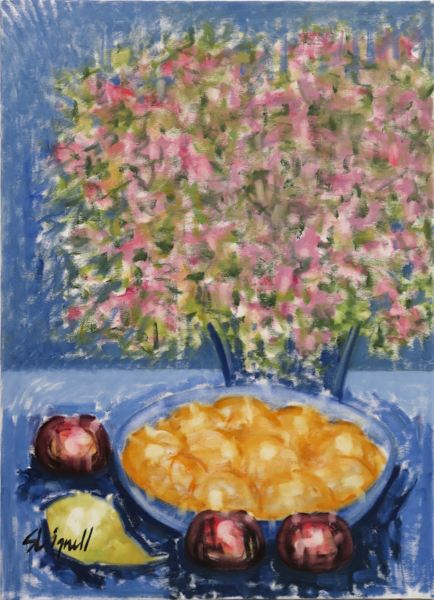 Lignell, Sven, olja, komposition med blommor och äpplen, signerad, 81 x 58 cm