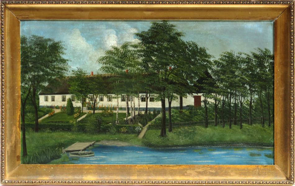 Okänd konstnär, sekelskiftet 1900, olja, så kallad "Gåramålning", Skånelänga vid vatten, 39 x 69 cm_29414a_lg.jpeg