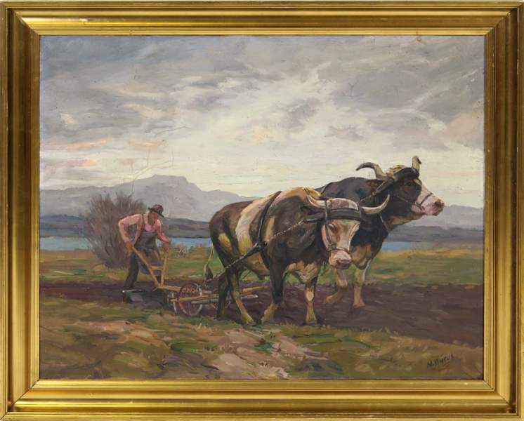 Okänd konstnär, 1900-talets 1 hälft, olja, plöjning med oxar, otydligt signerad, 65 x 81 cm