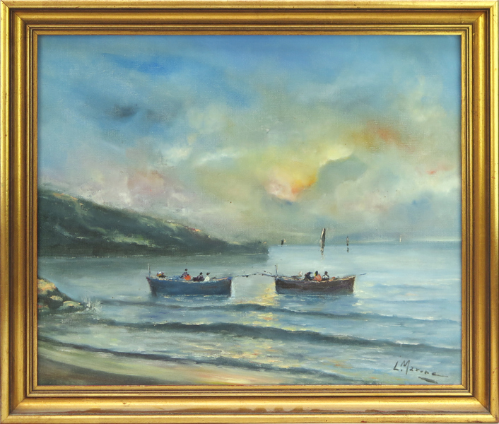 Okänd italiensk konstnär, olja, kustparti med fiskebåtar, signerad L Marone (?), 40 x 48 cm_29759a_8db7495e02e7067_lg.jpeg