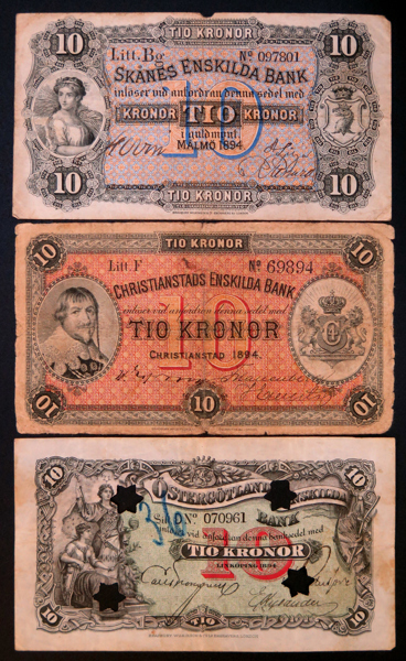 Lokalsedlar, 3 st; Christianstads Enskilda Bank 10 kronor 1894, Skånes Enskilda Bank 10 kronor 1894 samt Östergötlands Enskilda Bank 10 kronor 1894 (stjärnmakulerad)_29838a_8db7ba44f7b9f3d_lg.jpeg