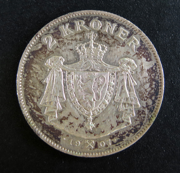 Silvermynt, kroner, Håkon VII, Norge 1907, minne av unionsupplösningen 1905 med korslagda gevär