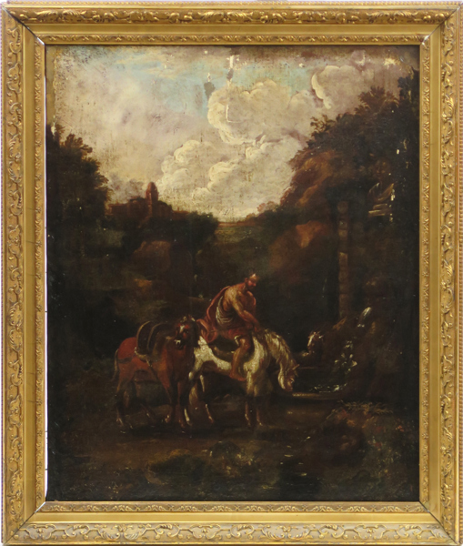 Roos, Johann Pieter (Rosa da Tivoli), hans krets, sekelskiftet 1700, olja, klassicerande landskap med ryttare och getter vid brunn, 65 x 52 cm, a tergo fransk etikett,  