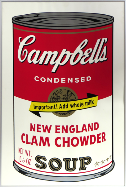 Warhol, Andy, efter, serigrafi, Campbell´s Condensed Soup, New England clam chowder, ed Sunday B Morning, a tergo blå stämpel "Fill in your own signature", synlig pappersstorlek 89 x 58,5 cm