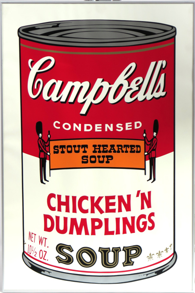 Warhol, Andy, efter, serigrafi, Campbell´s Condensed Soup, Chicken 'n dumplings, ed Sunday B Morning, a tergo blå stämpel "Fill in your own signature", synlig pappersstorlek 89 x 58,5 cm