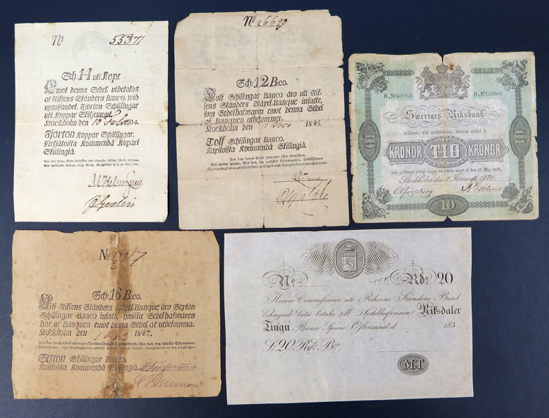 Sedlar, 5 st, Sverige, 1800-tal; 14 Schilling Kopparmynt 1804, 12 Schilling Banco 1845, 16 Schilling Banco 1847, 10 Kronor 1878 samt assignation 20 Riksdaler Mikael von Törne Östersund 183-..