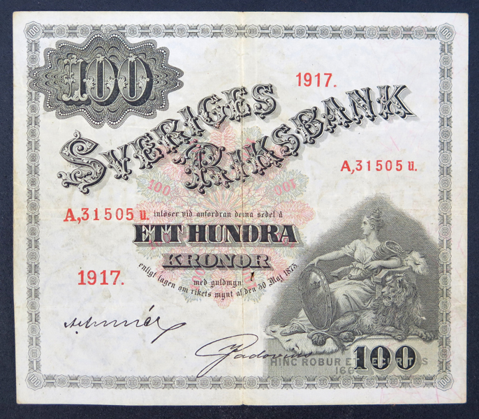 Sedel, 100 kronor 1917, smärre hål