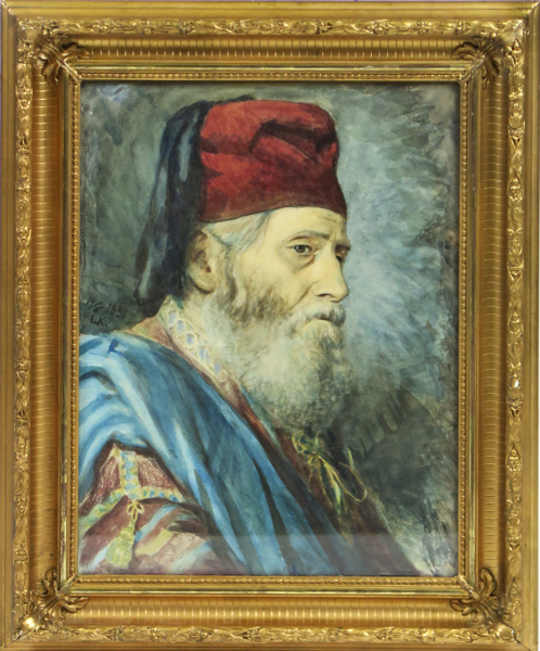 Okänd tysk (?) konstnär, 1800-talets 2 hälft, akvarell, porträtt av Muhammad Ali Pasha av Egypten, signerad I v. K. 14/5 1881, synlig pappersstorlek 50 x 38 cm