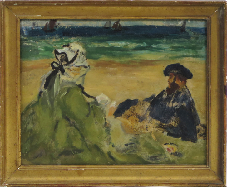 Manet, Édouard, efter honom, olja, sekelskiftet 1900, "Sur la Plage" - efter original från 1873 på Musée d' Orsay, 30 x 38 cm