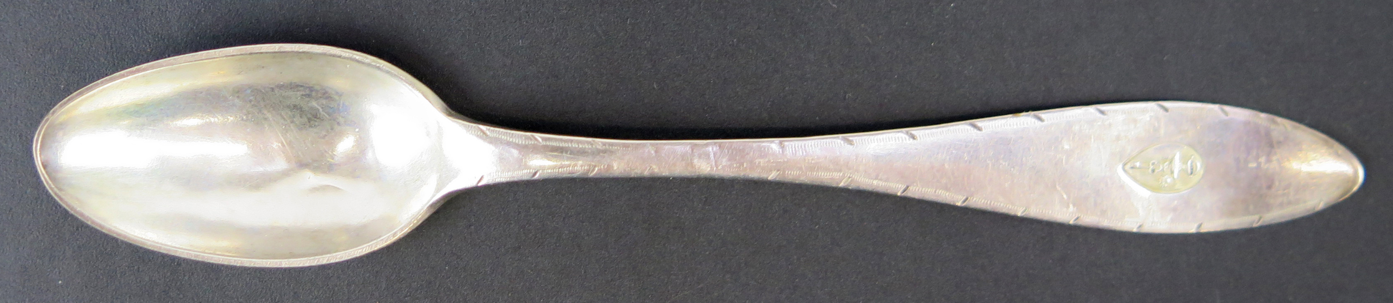 Thesked, silver, spetsig modell, otydliga svenska stämplar, 1800-tal, vapenstämpel för adliga ätten Stiernstam, l 14 cm, lagning