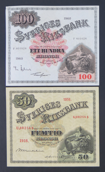 Sedlar, 2 st, 50 kronor 1916 respektive 100 kronor 1960