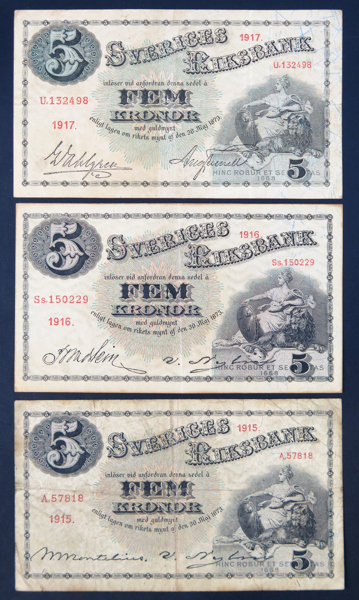 Sedlar, 3 st, 5 kronor 1915, 1916 och 1917