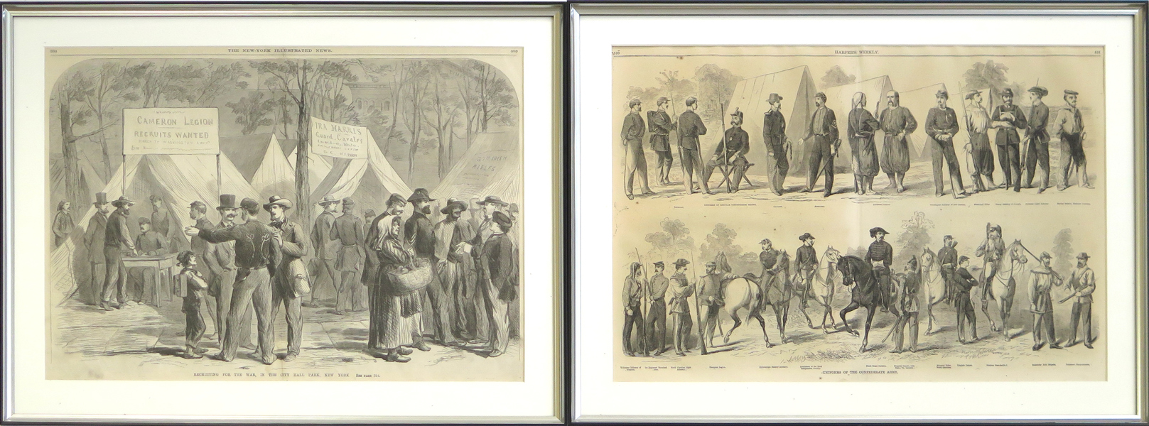 Litografier, 2 st: Amerikanska Inbördeskriget; "Uniforms of the Confederate Army" ur  "Harper's weekly" 17/8 1861 samt "Recruiting for the war, in the City Hall Park, New York" 