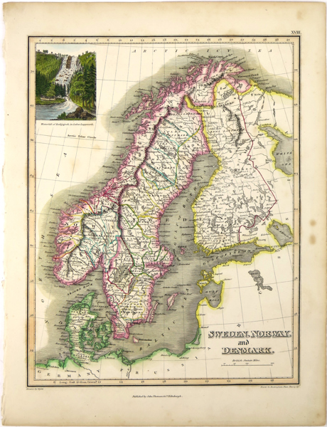 Wyld, James, karta, kopparstucken och handkolorerad, Sweden, Norway and Denmark, publicerad av John Thomson & Co, Edinburgh 1827, pappersstorlek 36 x 26 cm