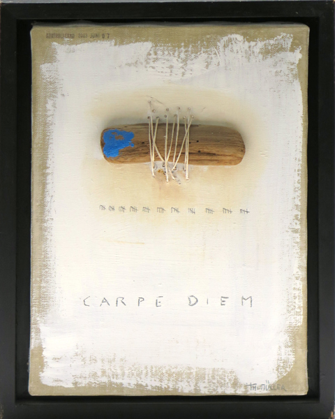 Müller, Thomas, blandteknik med applikationer, "Carpe diem", signerad, 33 x 24 cm