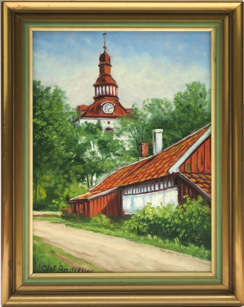 Andersson, Olof, olja, Gamlebyn, Laholms kyrka, signerad, 29 x 21 cm