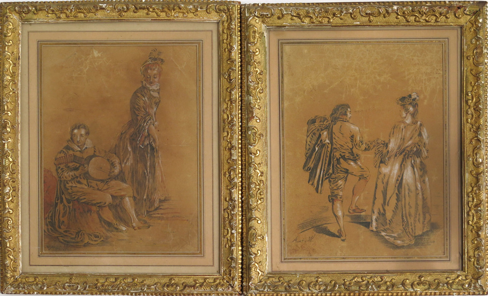 Inramade grafiska blad, 1 par (heliogravyrer?), sekelskiftet 1900, kopior efter Antoine Watteau, i samtida förgyllda ramar, _3066a_lg.jpeg