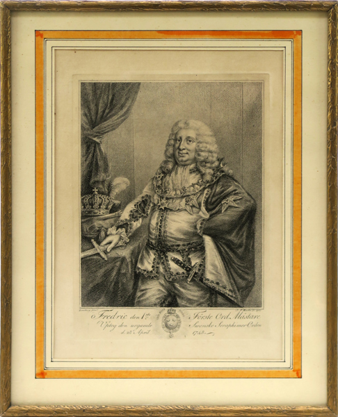 Martin, Johan Fredrik efter Gustaf Lundberg, kopparstick, Fredrik I stiftar Serafimerorden 1748, utförd 1783, synlig pappersstorlek 24 x 17 cm