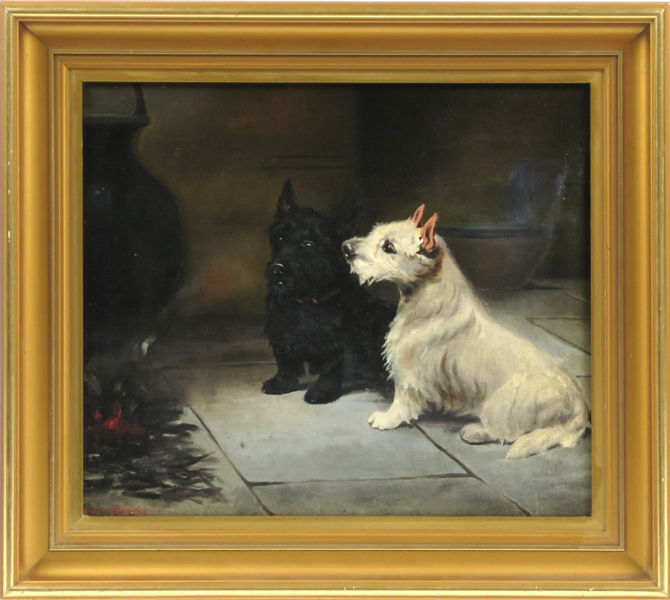 Rosen, Ivar von, olja, Skotsk respektive White Highland Terrier, signerad och daterad 1913, 42 x 52 cm