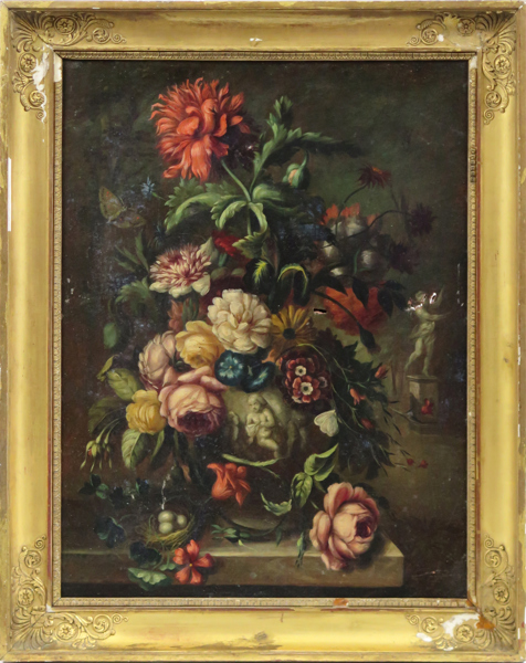 Okänd konstnär, 1700-tal, olja, dörröverstycke (?), blomsterstilleben, 65 x 49 cm, dukskador