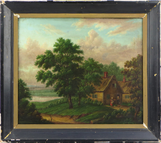 Okänd konstnär, 1800-tal, olja, personer vid gård, 31 x 36 cm, duklagning_30906a_8db9d91d39eeff0_lg.jpeg