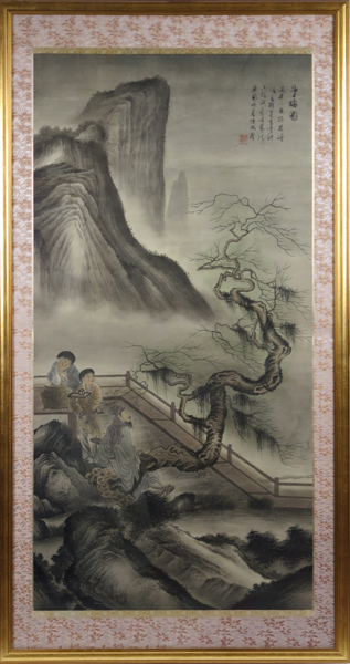 Okänd kinesisk konstnär, 1900-tal, gouache på siden, flodlandskap, oidentifierad text och signatur, synlig storlek 145 x 74 cm_30975a_8db9fcecd8b66a7_lg.jpeg
