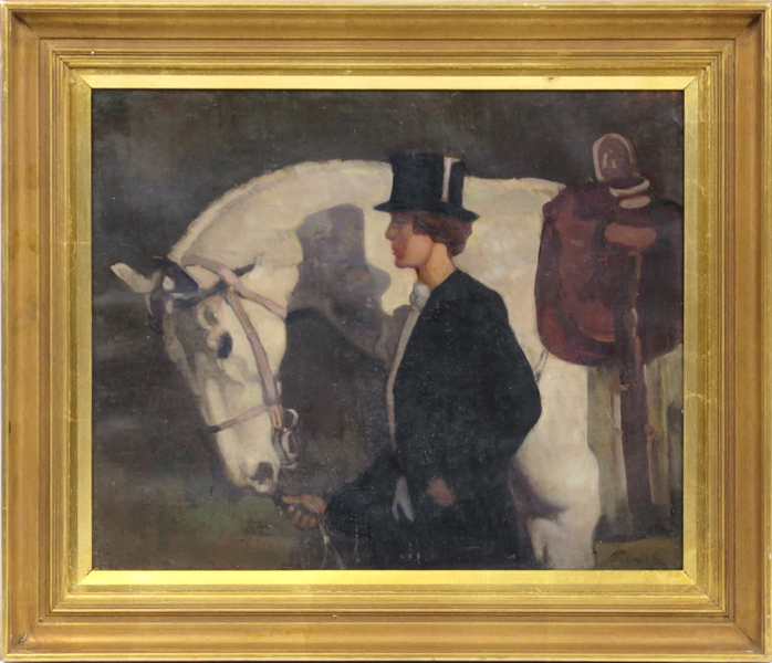 Munnings, Sir Alfred James, efter honom, olja "My Horse is my Friend", efter original från 1922, otydligt signerad, 42 x 52 cm