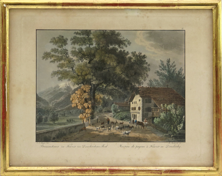 Bodmer, Rudolf efter Meyer, Johann Jakob, akvatint, handkolorerad, "Bauernhaus zu Käzis...", synlig pappersstorlek 20 x 26 cm