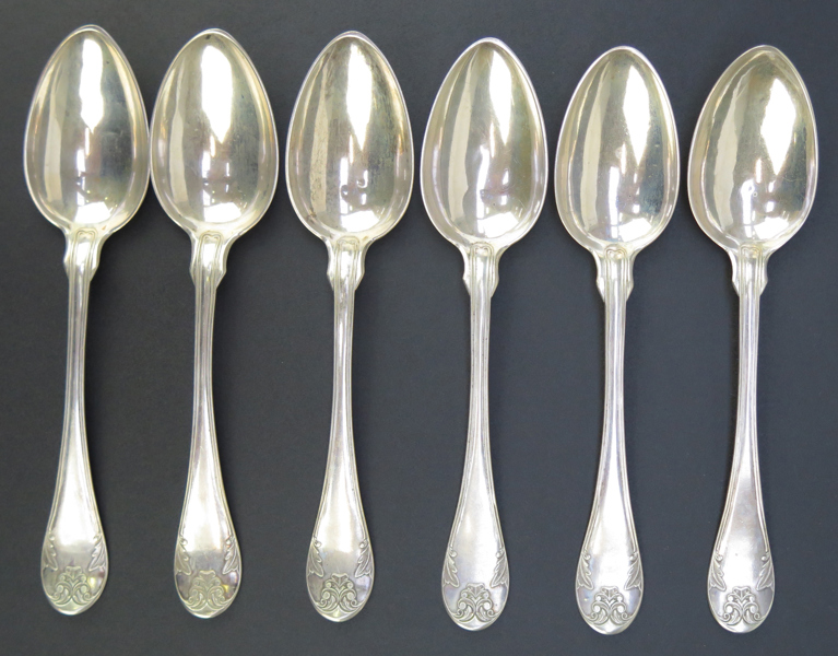 Dessertskedar, 6 st, silver, gammalfransk modell, stämplade Emanuel Forssman  Växjö 1852, l 19 cm, total vikt 240 gram