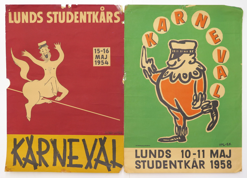 Posters, 2 st, litograferade, Lundakarneval 1954 respektive 1958, 70 x 50 cm,  skador