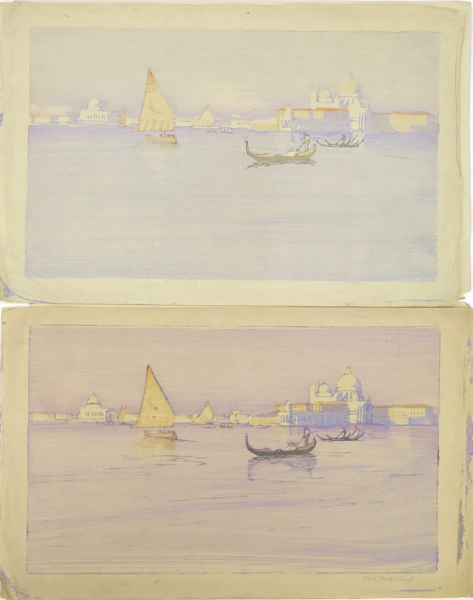 Kirkpatrick, Ethel, färgträsnitt, 2 st, "Early morning in Venice", 1 signerat, bildyta 22,5 x 35 cm