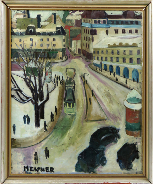 Okänd konstnär, 1920-30-tal, olja, stadslandskap i vinter, signerad Meisner (?), 100 x 78 cm, duklagning