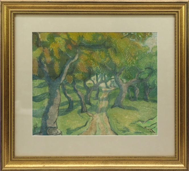 Palme, Carl, färgträsnitt, "Provencalskt landskap", signerat, a tergo dedikation från Evy & Carl Palme, synlig pappersstorlek  28 x 34 cm