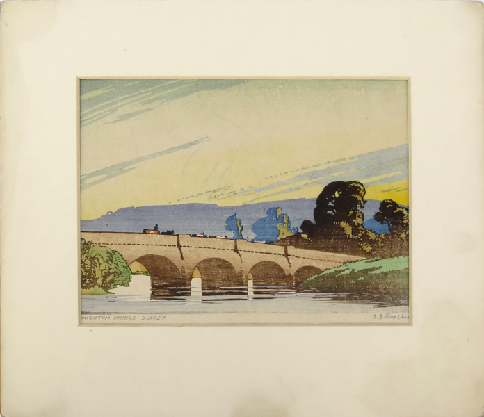 Boxsius, Sylvan G, färgträsnitt, "Houghton Bridge, Sussex", omkring 1920, signerat, pappersstorlek 18 x 26 cm