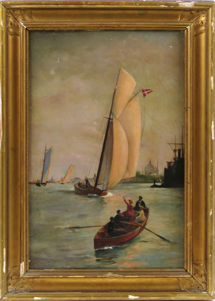 Okänd dansk konstnär, sekelskiftet 1900, olja, fartyg i Köpenhamns hamn, uppklistrad på pannå, 48 x 32 cm 